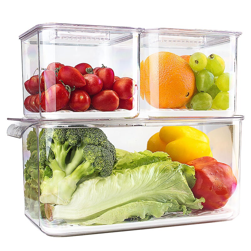 elabo Fruit Storage Containers for Fridge Fresh Produce Saver -3 Pack Stackable Fridge Organizers Bins with Lids, Drain Tray, Food Storage Container for Vegetables, Lettuce, Salad and Berry, BPA-free - Image 1